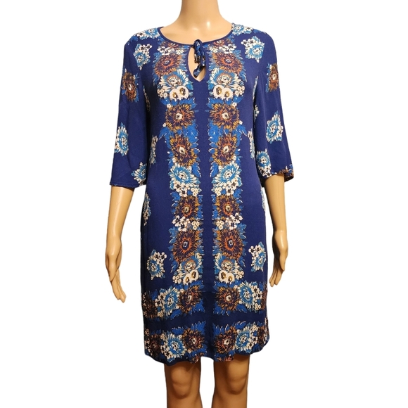 Ella Moss Dresses & Skirts - Ella Moss Blue Floral Shift Dress 3/4 Length Sleeves Size M